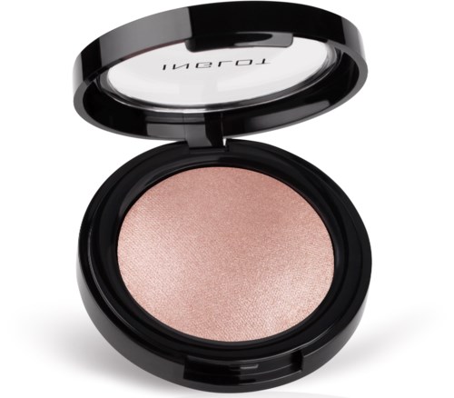 En liten dosa med rosafärgad glittrande makeup och spegel i locket. Fodralet är svart och runt.