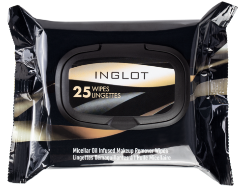 Svart förpackning med 25 Inglot makeup-borttagningsservetter, beskrivna som micellärt oljeberikade.