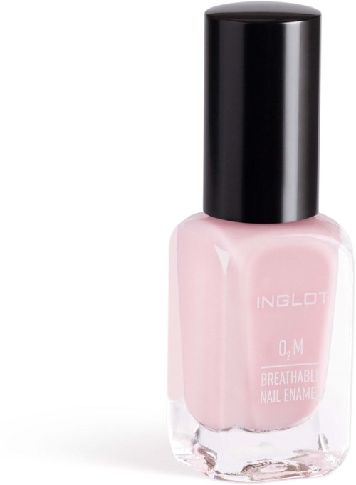 Liten flaska med rosa nagellack och svart lock, märkt "INGLOT" och "andningsbart nagellack."