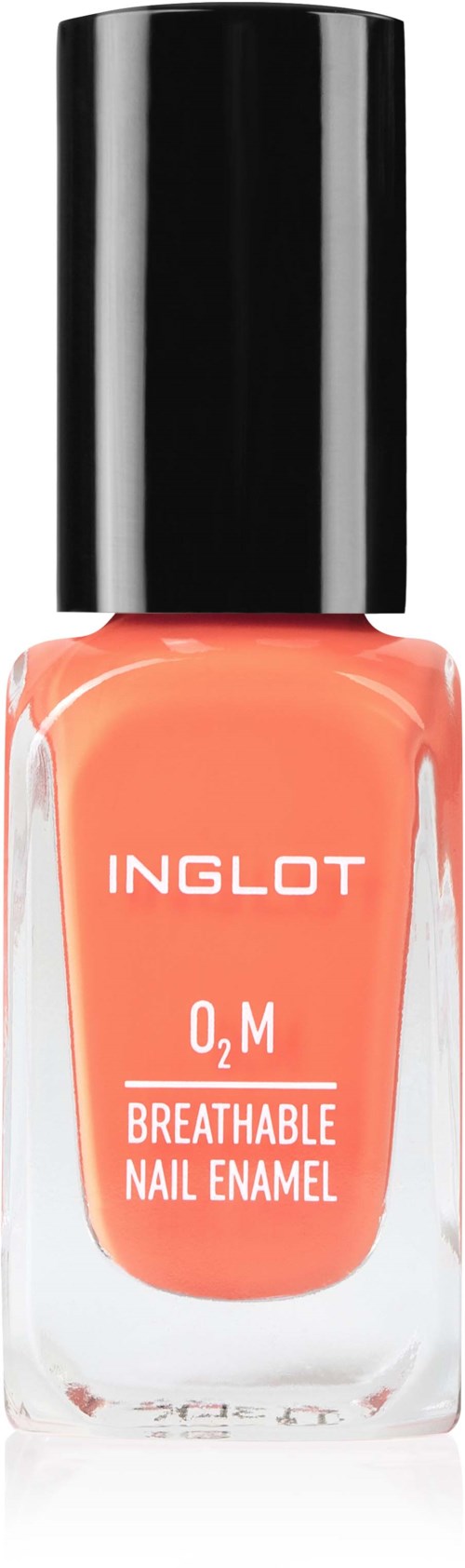 En korallfärgad nagellacksflaska märkt Inglot O2M Breathable Nail Enamel med svart lock.