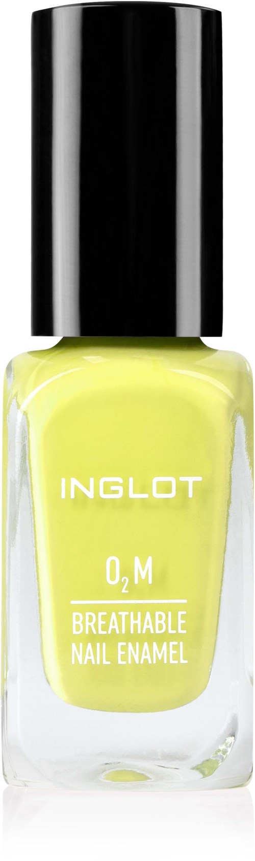 Gult nagellackflaska med svart lock. Märken säger INGLot, 0,2 M, andningsbart nagellack.