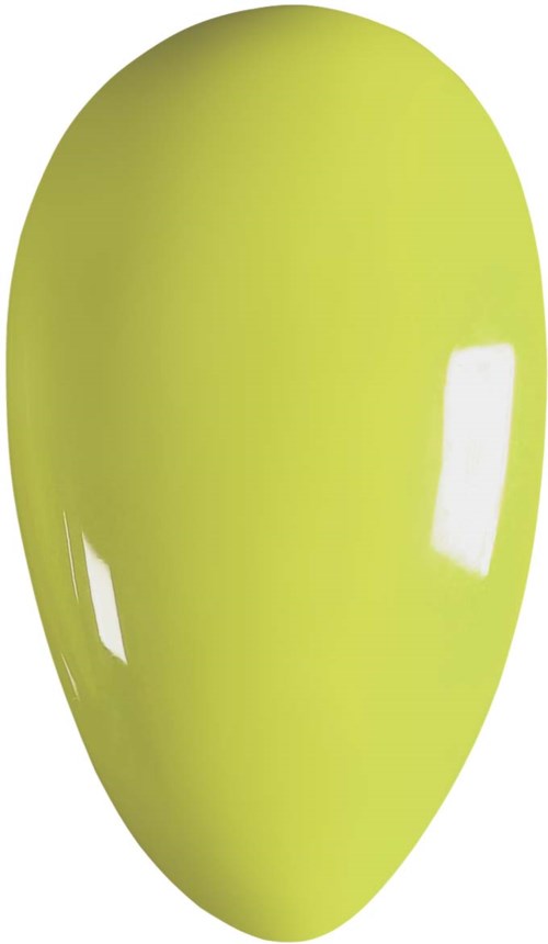 En glänsande limegrön oval form med reflektioner på ytan.