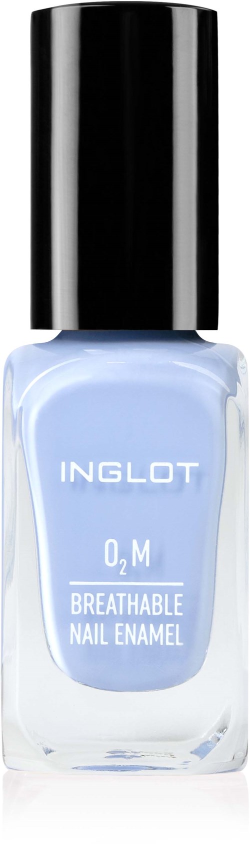 Ljusblå nagellack i en genomskinlig flaska med svart lock. Märket är Inglot, och det är andningsbart nagellack.