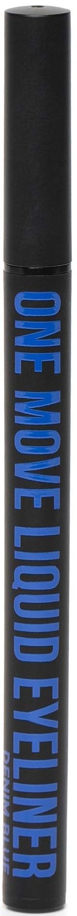 En svart flytande eyeliner med blå text som säger "ONE MOVE LIQUID EYELINER" på sidan.