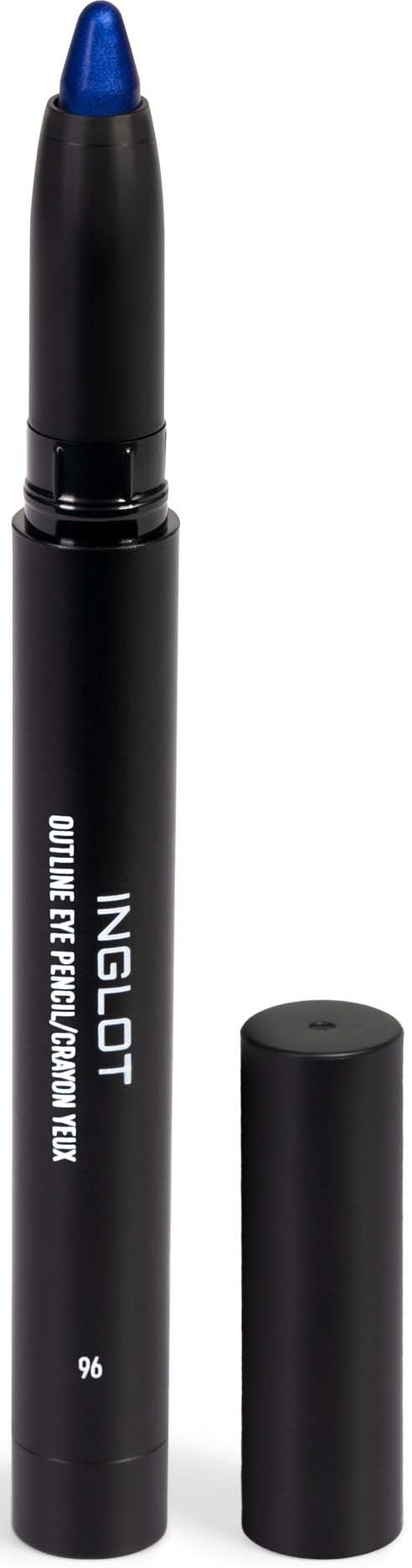 A black pen-like cosmetic product with a blue tip, with cap removed, showing the marking "INGLOT" and other text.