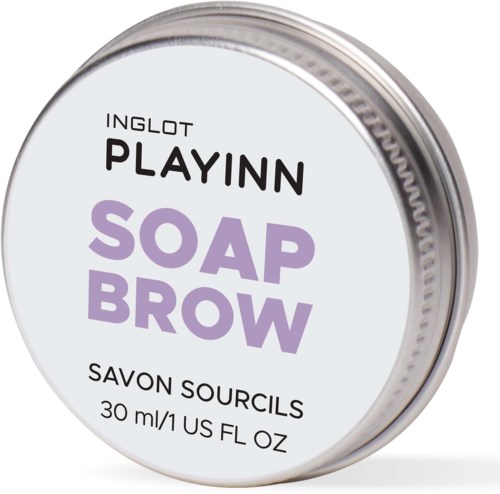 Eine runde Dose mit Seife namens "Soap Brow" von Inglot, mit lila und schwarzem Text sowie Produktdetails.