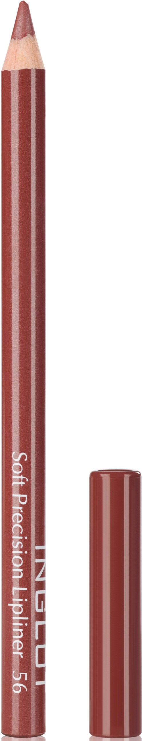 A brown lip balm stick with a cap, labeled 'Nesti Soft Precision Lipliner 56' is shown.