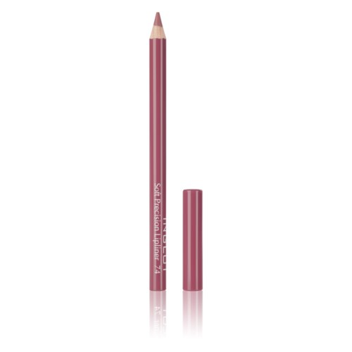 A pink lipstick pencil with a cap next to it, labeled with brand and product details.
