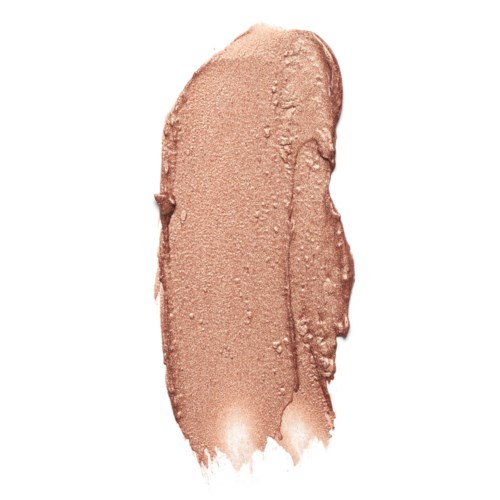 A beige textured makeup swatch with a shiny finish, shaped like a brush stroke.