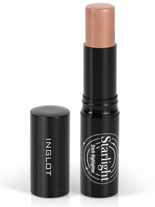 En svart leppestiftemballasje med beige leppestift inni, merket 'Starbright' med en mindre tube merket 'INGLOT'.