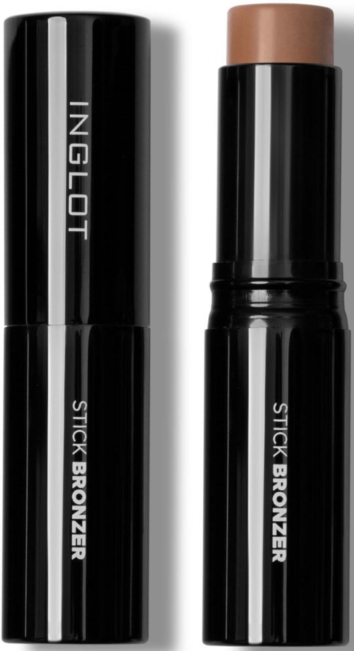 Ein schwarzer Stick mit Deckel, beschriftet 'INGLOT STICK BRONZER', zeigt das Produkt offen und geschlossen.