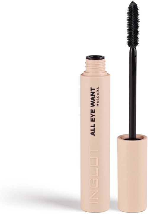 Beige silkkinen putki silmämaskaralle, jossa on harja ja hapotti.