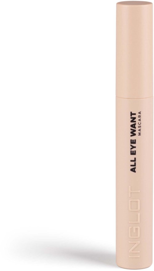 Beigen värinen ripsiväritubus, jossa on musta teksti "INGLOT ALL EYE WANT", seisoo pystyssä.