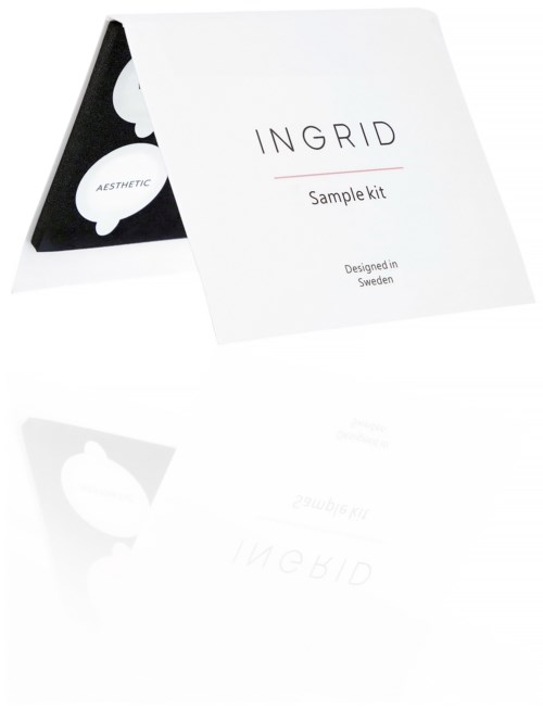En hvid hæfte med titlen 'INGRID' og tekstningen 'Sample kit' og 'Designed in Sweden'.