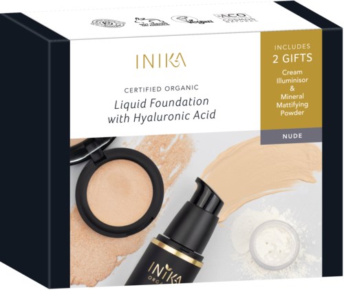 Förpackning för INIKA certifierad organiskt flytande foundation med hyaluronsyra, inklusive två gåvor: krämlyster och mineralmattande puder.