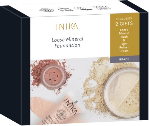 Boksi sisältää irto-mineralkannakeon ja kaksi lahjapulveria, mukaan lukien poskipuna ja kevytheijastava voide.
