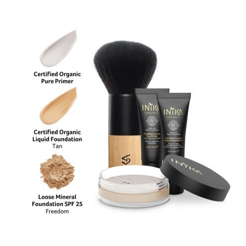 En makeuppaket med primer, foundation, lösmineralförpackning och makeupborste i svart och beige förpackning.