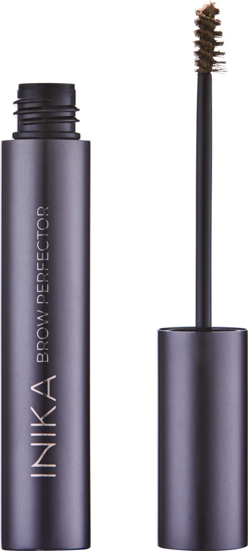 En grå mascara-rör och borste med ett svart lock. Råret har orden "INKA BROW PERFEKTOR" skrivet på sig.