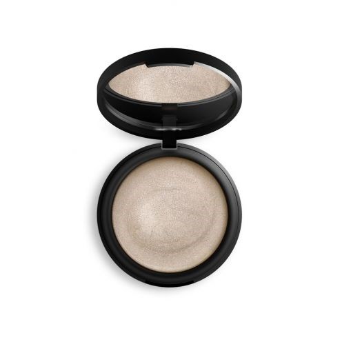 En rund makeup-ask med beige, skimrande puder inuti och ett spegellock.
