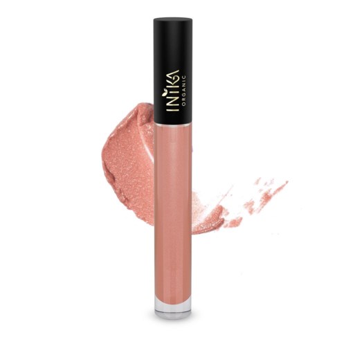 Ett måttligt rosa läppglans i tub med svart lock, visat med smuts på en vit bakgrund.
