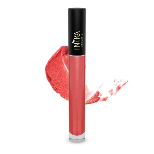 En läppglansrör med korallfärgad gloss, svart lock och varumärkesnamnet Insta Vegan.