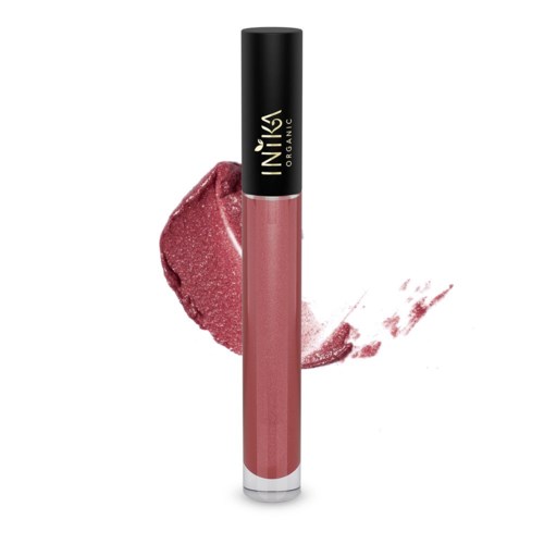 En tub med rosa läppglans med svart lock, visar färgprov och smet.