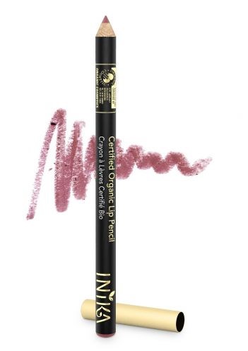 En svart penna med gul hatt, märkt 'CERALIA Organic Lip Pencil,' och en rosa läppstiftsprov bakom.