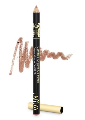 Ett beige läppstift med en ritning av en penna på toppen och ett beige märke. Cappan är borttagen och placerad nedanför.
