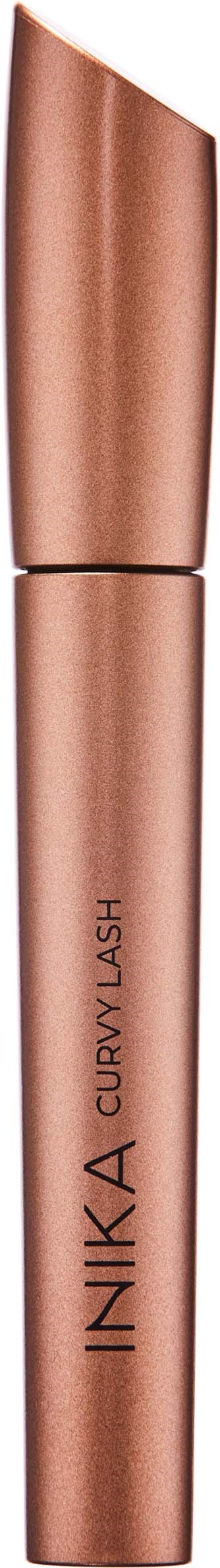 Ein roségoldener Eyeliner- oder Make-up-Stift mit leicht gebogener Kappe und Druckmarke INIKA CURLY FLASK.
