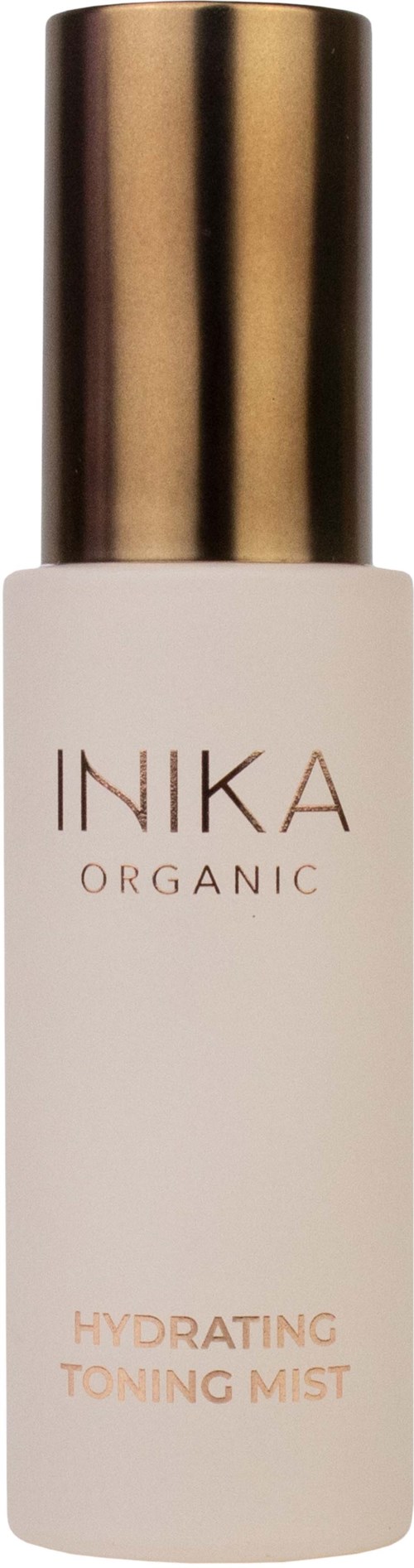 En hvit flaske med gullhette merket 'INKA ORGANIC Hydrating Toning Mist'.