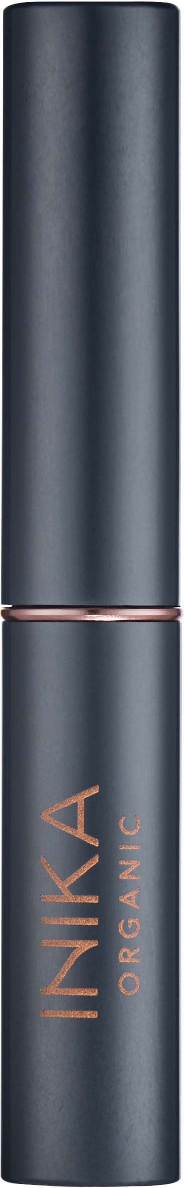 Ein langer, dunkelgrauer Lippenstiftbehälter mit Roségoldakzenten und den Worten "INKA ORGANIC".