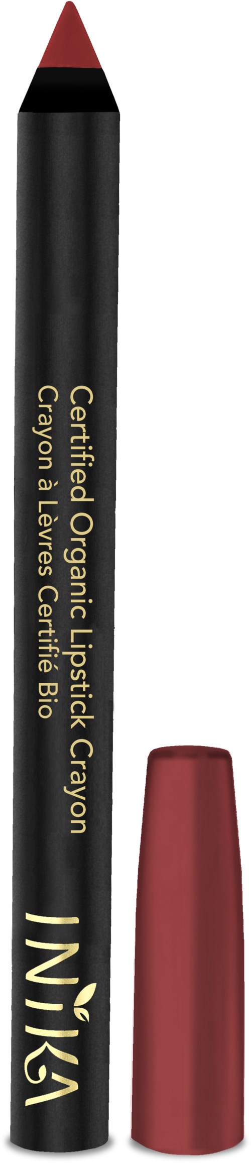 En svart och röd läppkrita med guldig text, märkt som certifierad ekologisk läppstift från Inika, utan lock.
