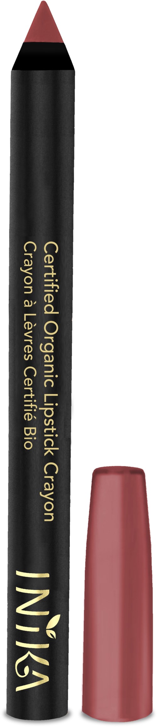 En svart och rosa krita med guldtext, som säger att den är ekologisk, certifierad och för läpparna.