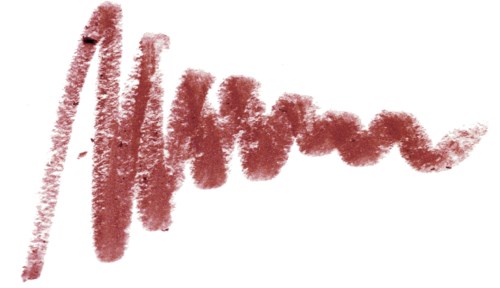 Röda texturerade linjer bildar en stiliserad, abstrakt signatur eller skrivning. Bakgrunden är vit med svarta kanter.