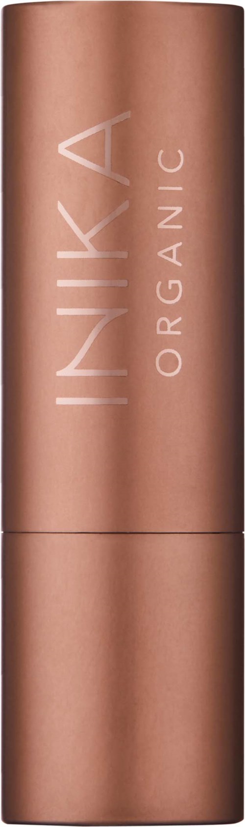 A brown cosmetic bottle with white text for INIKA Organic. The bottle is sleek and cylindrical.