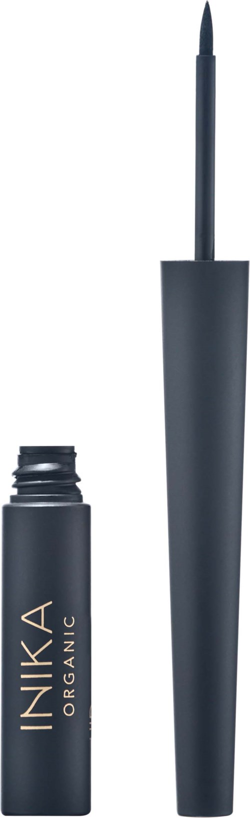 Ein schwarzer Lippenstift mit langem, schmalem Applikatorpinsel und dem Namen INIKA Organic.