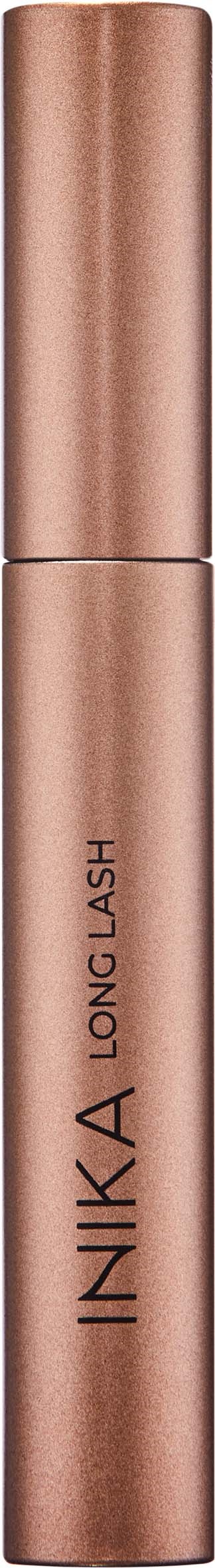 Ett roséguldfärgat läppstift som har varumärket 'INIKA' och produktnamnet 'LONG CLASH' på sig.