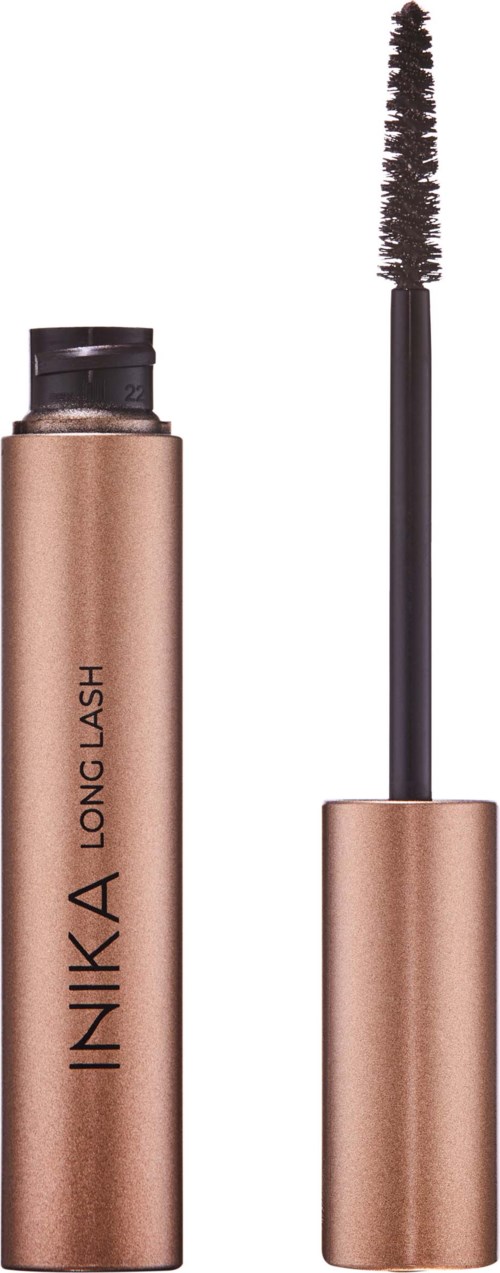 Ein goldfarbenes Mascara-Röhrchen mit Bürste, beschriftet 'INKIKA LONG LASH'.