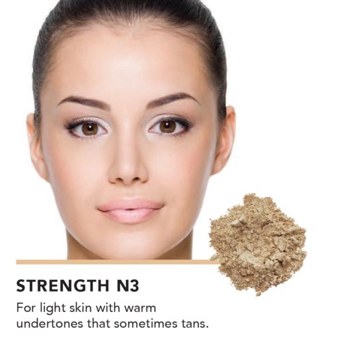 Naisella, luonnollista meikkiä ja kirkas iho, vieressä "STRENGTH N3" -puuteri valkoiselle iholle.