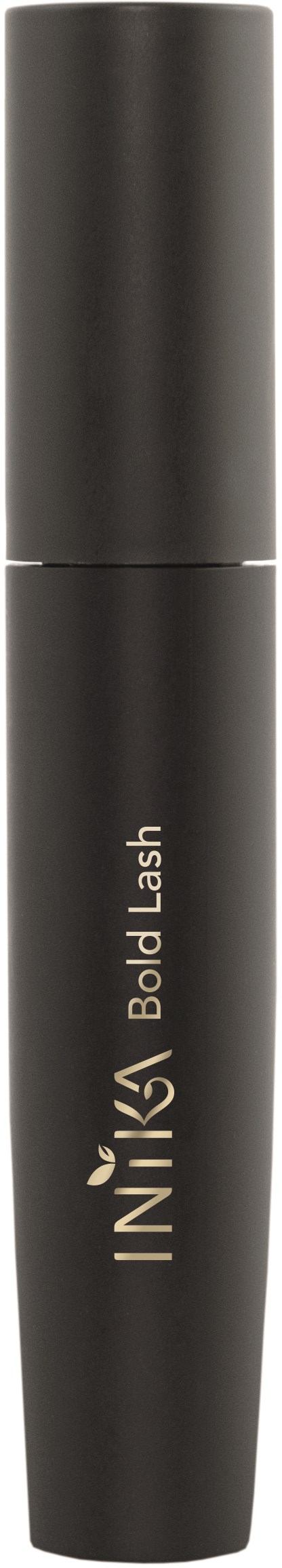 En svart mascara-rör märkt "Innis Bold Lash" står upprätt mot en mörk bakgrund.
