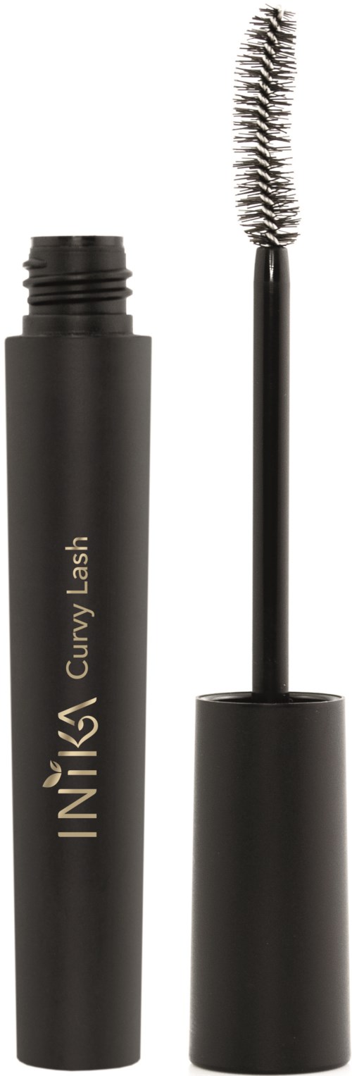 En svart mascara-rör med en borste, märkt 'Curly Lash' av Inika.