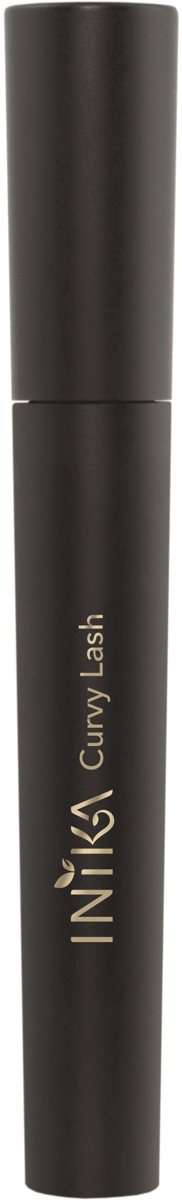 Svart mascara-rör med guldig text, märkt 'INIKA Curvy Lash.'