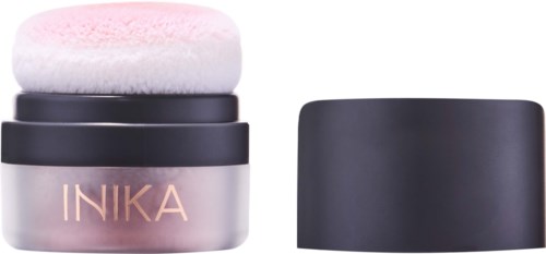 Dies ist ein Make-up-Puderbehälter mit Schwamm und schwarzem Deckel.
