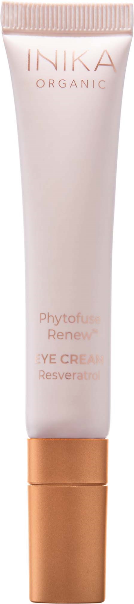 En vit tub med ett guldfärgat lock innehåller kräm, märkt 'INIKA Organic Phytofuse Renew Eye Cream.'