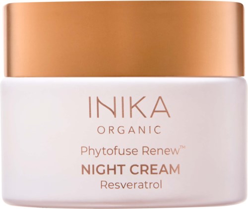 Valkoinen purkki kultaisella kannella, merkki INIKA Organic Phytofuse Renew Night Cream sisältää Resveratrolia.