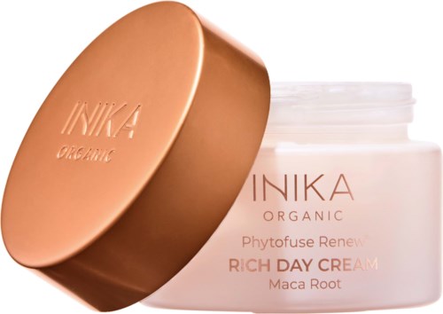Biały słoik z brązową pokrywką przedstawia INIKA ORGANIC Rich Day Cream, zawiera Maca Root, do pielęgnacji skóry.