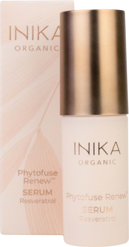 En vit serumflaska med guldlock och dess förpackning, märkt "INIKA Organic Phytofuse Renew".