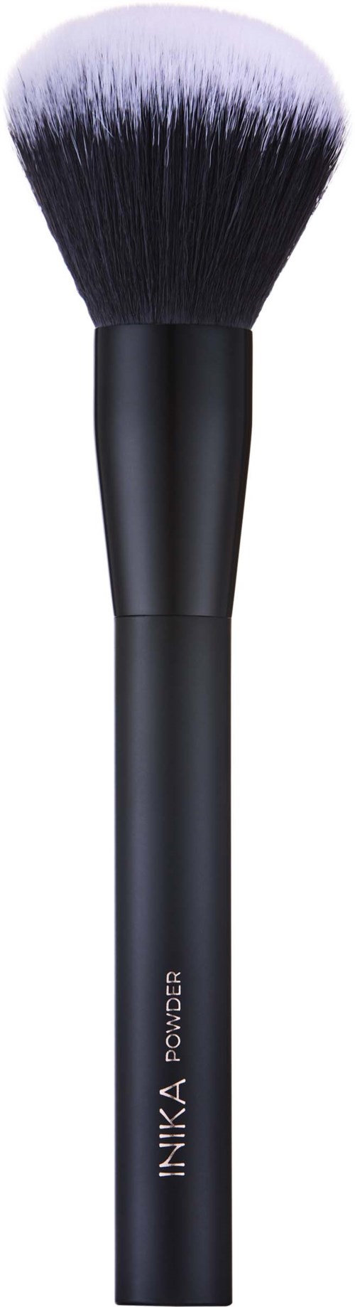 A makeup brush with a black handle and a fluffy, black and white bristle head.