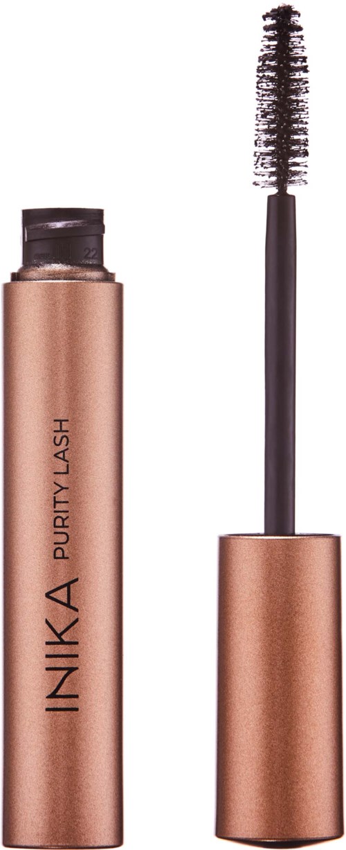 Ein brauner Tuben-Make-up-Produkt mit Bürste, beschriftet 'INIKA PURITY LASH.'