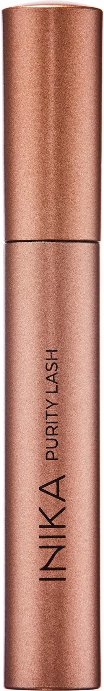 Ein roségoldfarbener Mascara-Tub mit den Worten "INIKA PURELY LASH" auf.